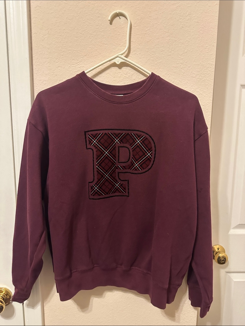 Pink by Victoria Secret Women's Plum Crewneck Sweater with Plaid 'P' Appliqué